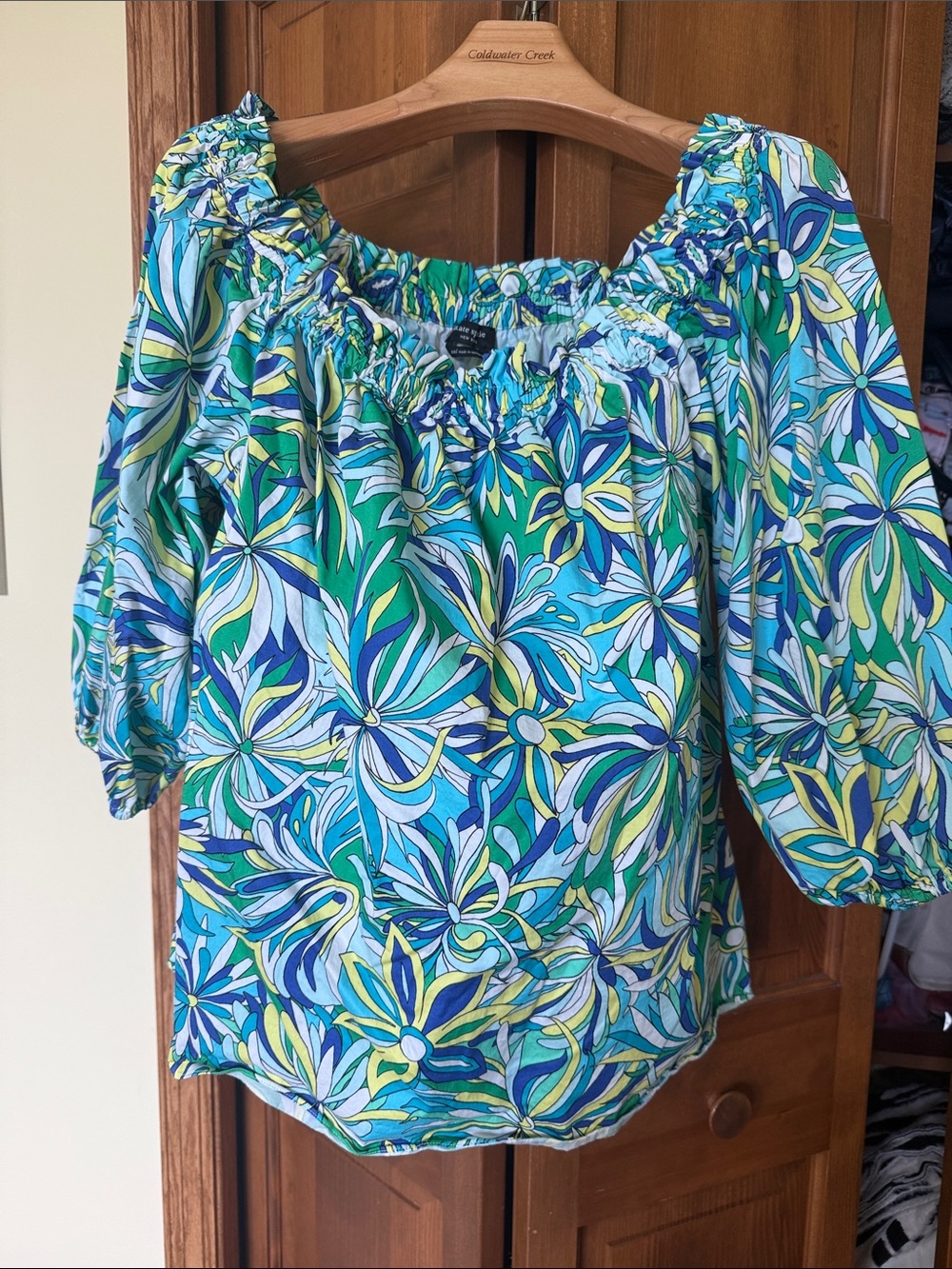 Kate Spade - Women's Off-Shoulder Floral Peasant Top in Teal & Blue